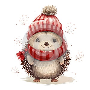 Illustration of a cute smiling hedgehog wearing a warm hat and scarf on a white background