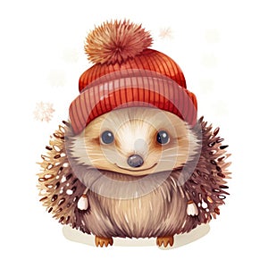 Illustration of a cute smiling hedgehog wearing a warm hat and scarf on a white background