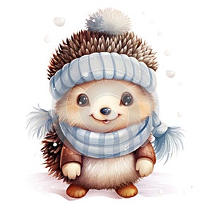 Illustration of a cute smiling hedgehog wearing a warm hat and scarf on a white background