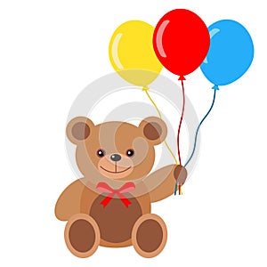 Illustration of a cute teddy bear with colorful balloons and a bow