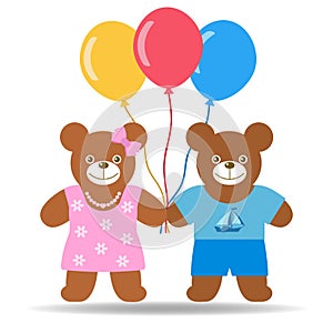 Illustration of cute teddy bears with colorful balloons and a shadow