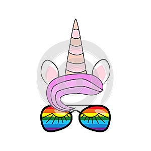 illustration of cute unicorn face wearing sunglasses