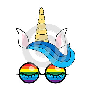 illustration of cute unicorn face wearing sunglasses