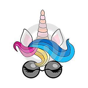 illustration of cute unicorn face wearing sunglasses