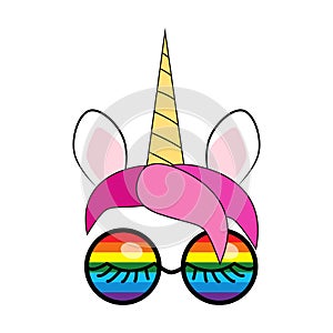 illustration of cute unicorn face wearing sunglasses