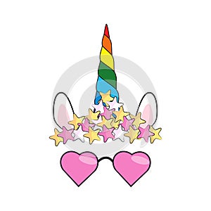 illustration of cute unicorn face wearing sunglasses