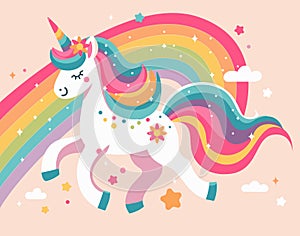 Illustration of a cute unicorn jumping on a rainbow