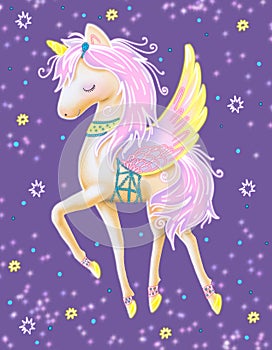 Illustration with a cute unicorn with wings on a purple, starry background