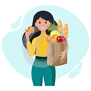 Illustration, cute woman with a package of groceries. Healthy food concept. Clip art, banner