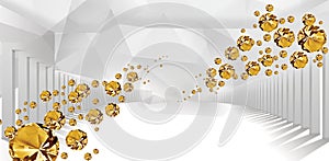 Illustration of 3D crystal golden crystal ball Jewelry  pattern on decorative background 3D tunnel wallpaper. Graphical modern mur photo