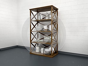 Kitchen utensils on wooden shelves