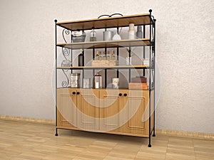 kitchen utensils on wooden shelves