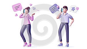 Illustration of 3d man and girl talking a smart phone and speech bubble