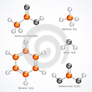 Illustration of 3d molecular structure, ball and stick molecule model acetic acid, methane, water, benzene, carbonic acid, photo