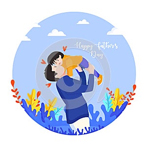 Illustration of daddy and his small little boy happy moment on nature background for Happy Father`s Day.
