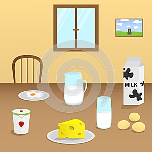 Illustration of dairy products on a wooden table in the dining room