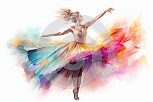 Illustration of a dancing beautiful ballerina in a puffy colorful dress on a white background. Generative AI