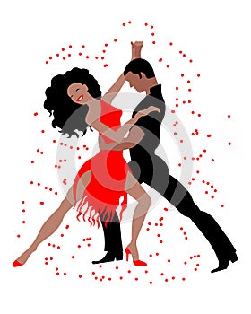 Illustration, a dancing couple, a man in black and a woman in a red dress in an elegant pose. Poster, print