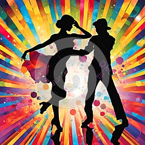 Illustration of dancing couple silhouette with discotheque lights on the black background.