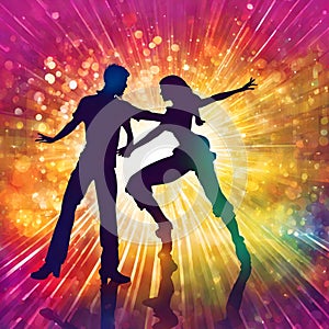 Illustration of dancing couple silhouette with discotheque lights on the black background.