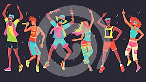 An illustration of dancing people, happy characters in different poses, smiling men and women having fun, joy, and