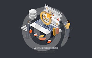 Illustration On Dark Background. Updating Database Statistics Concept. Isometric Vector Composition In Cartoon 3D Style