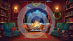 Illustration of a dark living room with antique armchairs and couch, books on shelves, winter mountain view in window