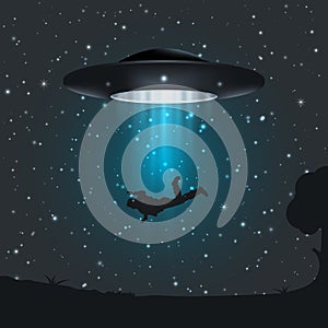 Illustration of dark night a UFO abducts human.