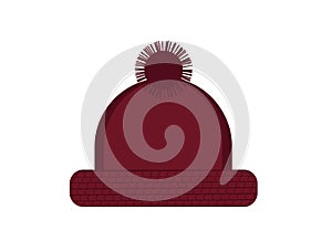 Illustration of dark red warm knitted hat with pom pom