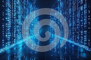 A dark room with a matrix code glowing blue on a black background. the wall is made of digital numbers and data flowing down