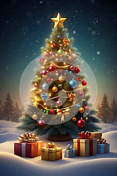 Illustration of a decorated Christmas tree in the snow, surrounded by gifts. Festive artwork.