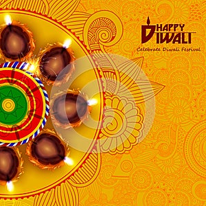 Illustration of decorated diya for Happy Diwali holiday background