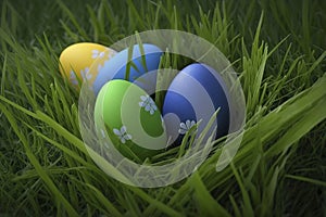 illustration, decorated easter eggs in the grass, generative ai
