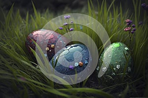 illustration, decorated easter eggs in the grass, generative ai