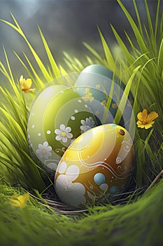illustration, decorated easter eggs in the grass, generative ai