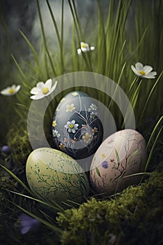 illustration, decorated easter eggs in the grass, generative ai