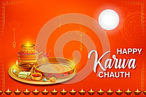 Decorated pooja thali for greetings on Indian Hindu festival Happy Karwa Chauth photo