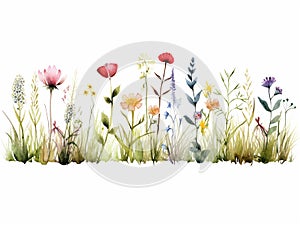 Illustration of Decorative border with wildflowers in style of fluded watercolor