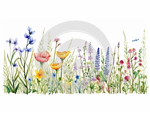 Illustration of Decorative border with wildflowers in style of fluded watercolor