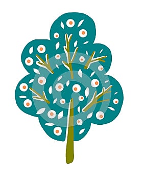 Illustration of a decorative tree isolated on a white background. Printmaking style.