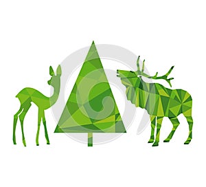 Illustration of deer, doe and fir tree
