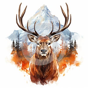 an illustration of a deer with large antlers and mountains in the background
