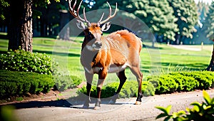 Illustration of deer in nature. Forest, meadows, sky