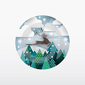 Illustration of deer. Winter landscape.