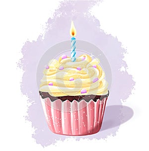Illustration of a delicious chocolate cupcake with yellow lemon cream with a festive blue burning candle in a pink wrapper