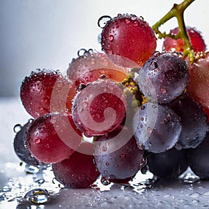 Illustration of delicious grapes and splashes of water, reflecting on the surface. Generative AI