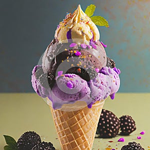 Illustration of delicious homemade blackberry ice cream topped with sprinkles surrounded by fresh blackberries and mint leaves on