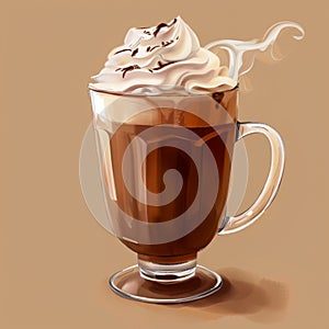 Illustration of a delicious hot chocolate drink in glass mug, with whipped cream on top, on a brown background