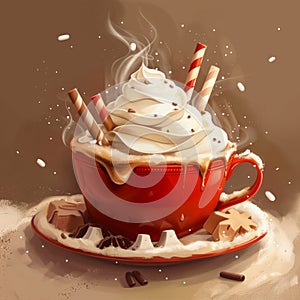 Illustration of a delicious hot chocolate drink in red mug, straws and sprinkles with whipped cream on top, christmas feel image