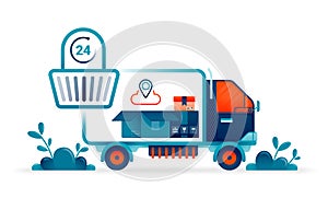 Illustration of delivery truck containing package boxes ready to be delivered and 24 hour shopping basket in e commerce. Can be